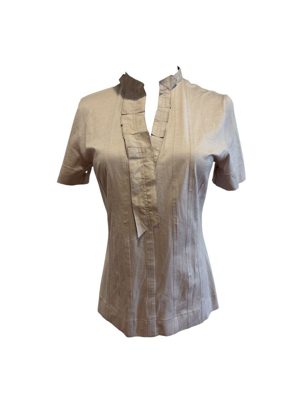NWOT 2PC AKRIS PUNTO BERGDORF GOODMAN TAN RUFFLE V-NECK & CREAM KNIT SCOOP TOPS - Picture 4 of 9